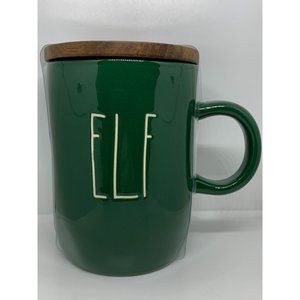 RAE DUNN NWT "ELF" Ceramic Mug with Etched Wooden Lid